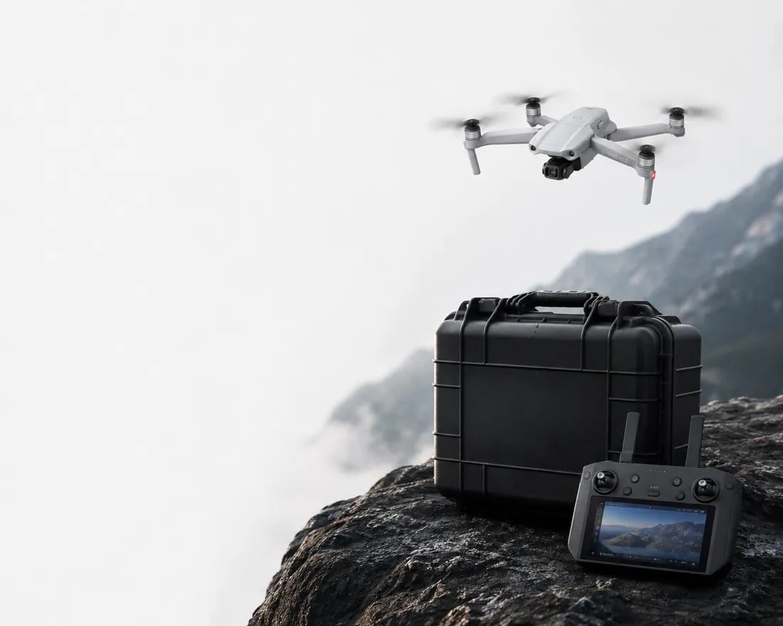 Drone y maleta de transporte listos para alquiler